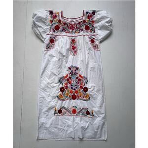 Vtg 80s Hand Embroidered Floral Birds Mexican Sun Dress S/M / Boho Hippie Retro